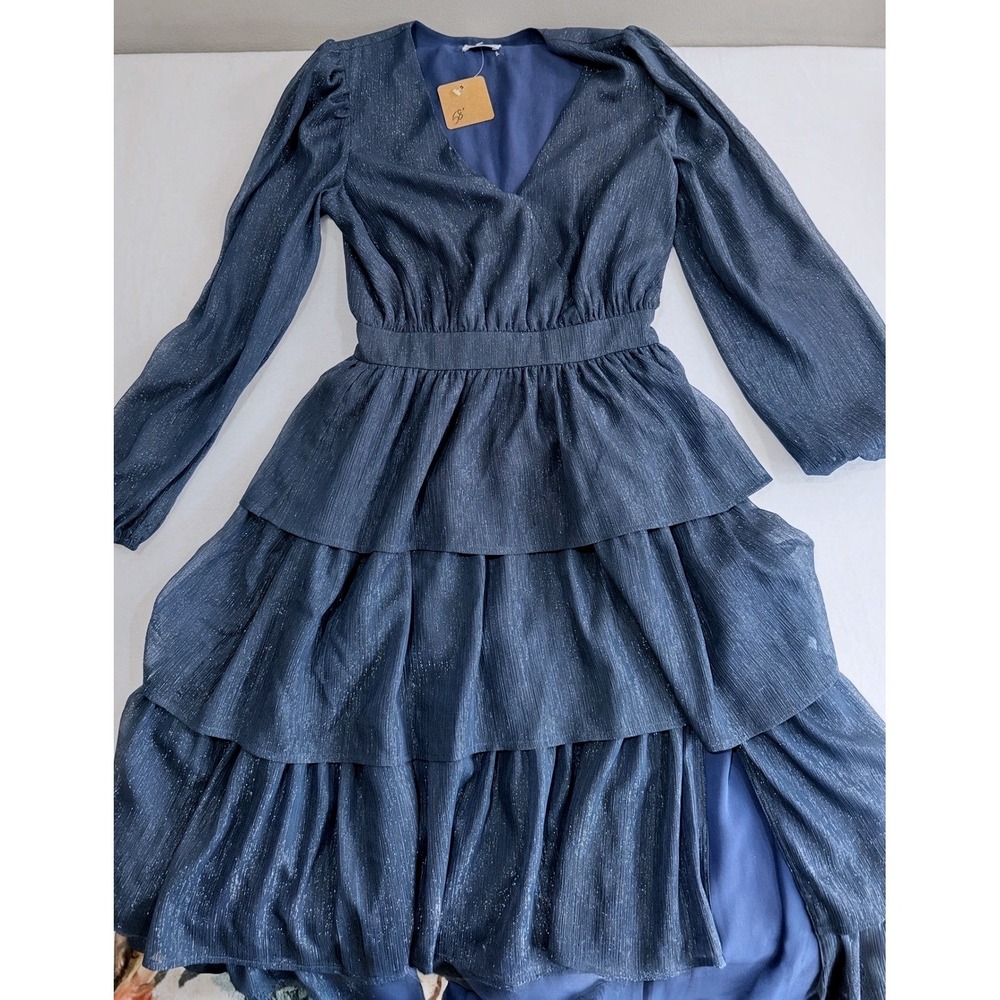 Koko Mason Dress Womens Small Blue Metallic Tiered Boho Shimmer Long Sleeve Midi